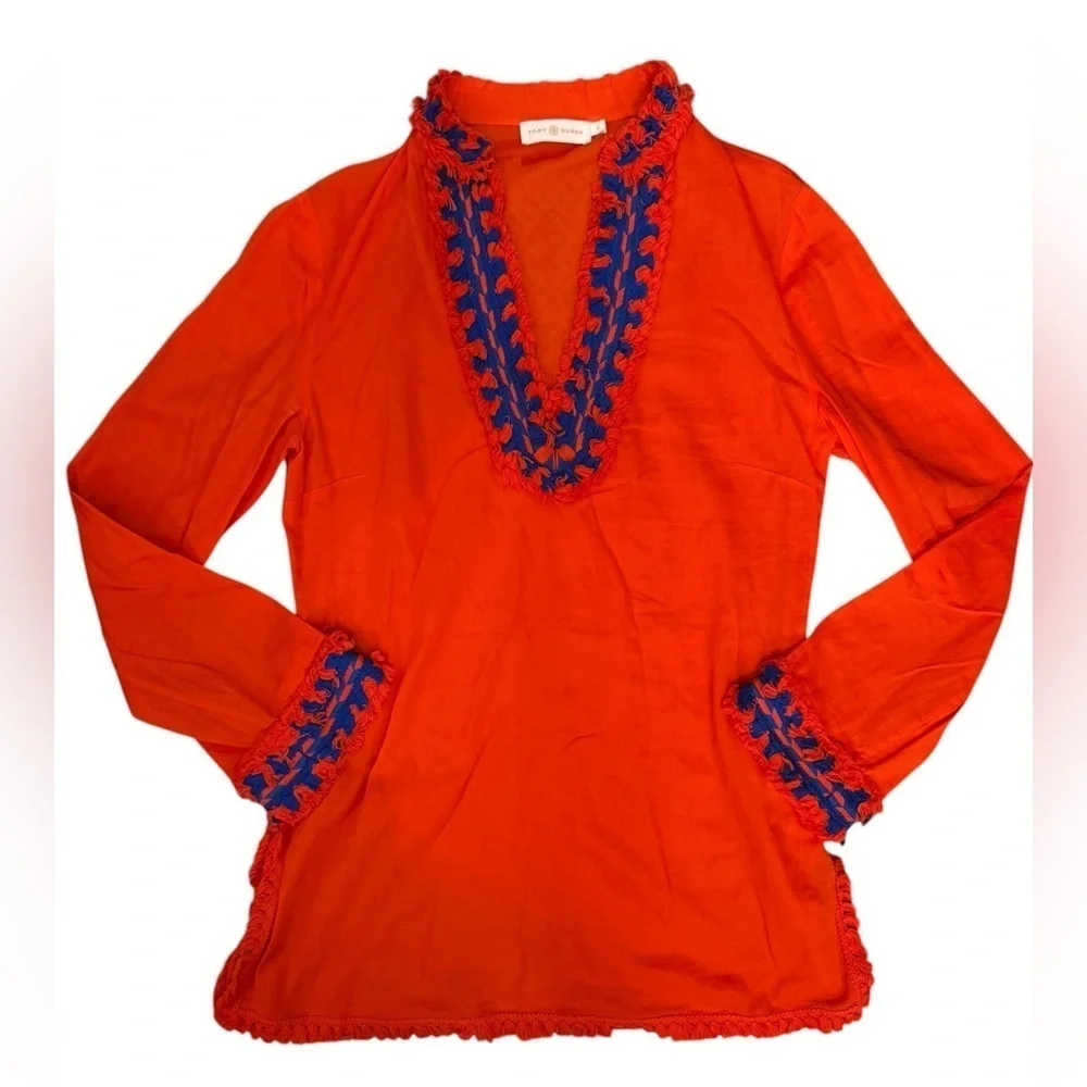 Tory Burch Embroidered Cotton Tunic Top with side zip Size 6 |